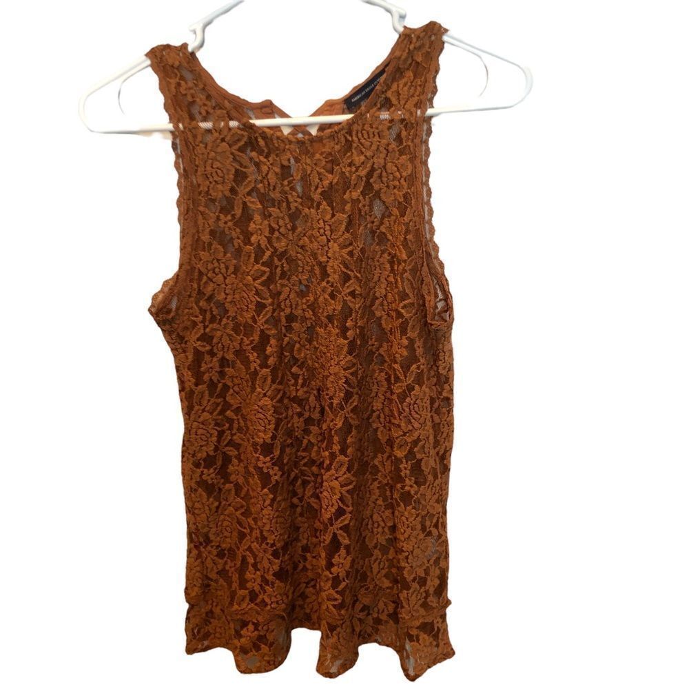 American Eagle Outfitters Tank Blouse Sheer, Lace Golden Brown XS